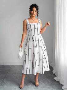 SHEIN Unity 大码蝴蝶结印花休闲连衣裙，夏季时尚