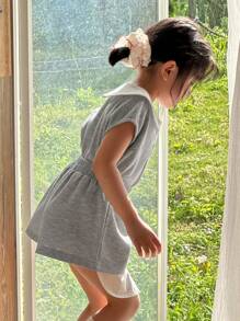 DAZY 2pcs/Set Girls Collared Casual Loose Short Sleeve T-Shirt And Shorts, Summer - Grey - View 8