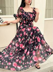 Modelyn French Square Neck Digital Floral Print Chiffon Dress For Women - Multicolor - View 2