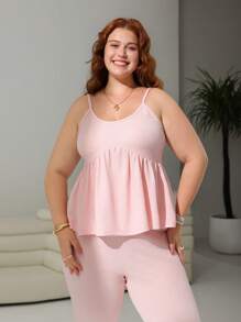 SHEIN EZwear 大码休闲家居服、简约吊带背心和修身两件套 - 淺粉色 - 查看 2