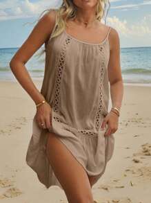 Swim Vcay Spring Break Women's Beach Patchwork Floral Lace Trim Slip Dress With Cover Up - Khaki - View 4