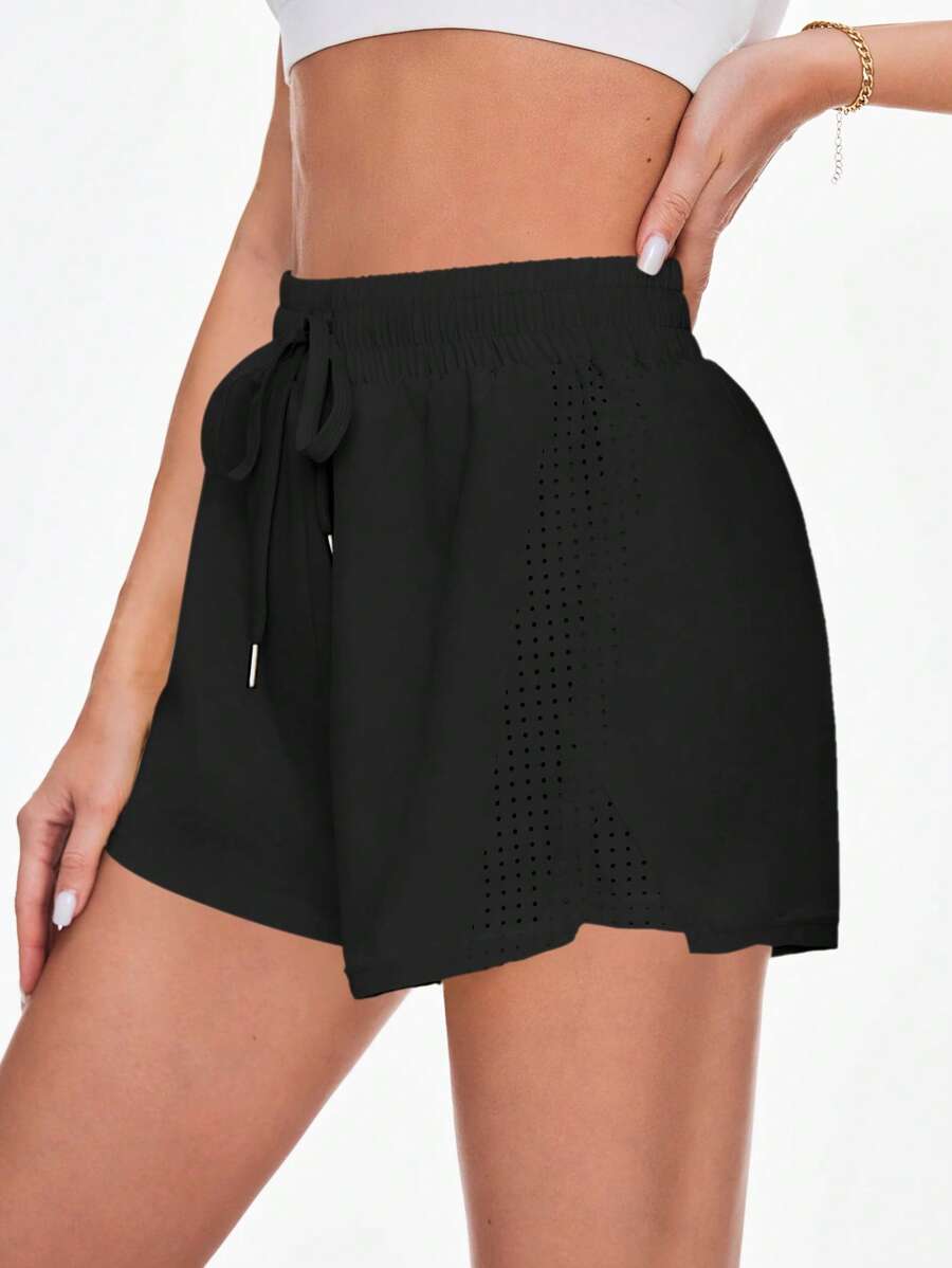 Easithlete Quần short thể thao màu trơn có dây rút túi eo cho nữ - màu đen - Xem 1