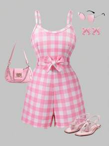 SHEIN Mono de cuadros rosas con estilo chic para niñas preadolescentes, adecuado para uso casual y playa