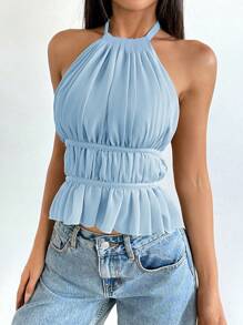 SHEIN EZwear 褶皱圆领收腰露背夏季休闲度假背心 - 藍色 - 查看 3