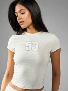 Missguided x Playboy 钻石装饰婴儿短款上衣 Y2K 美学短袖基本款修身 T 恤运动休闲街头服饰水钻细节家居服 - 淺灰色 - 查看 8