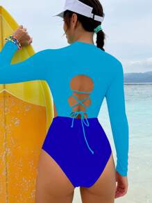 Swim SPRTY Contrast Color Hollow-Out One-Piece Swimsuit Surf Suit For Vacation/Beach For Summer - Blue - View 2