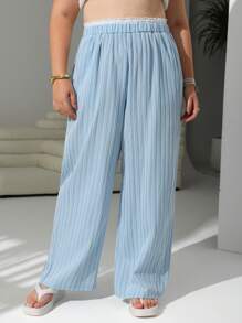 SHEIN EZwear Pantaloni casual cu talie înaltă cu dungi largi - Bleu - Vizualizare 7