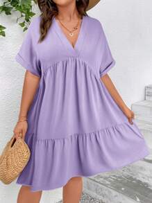 SHEIN VCAY Plus Size V-Neck Short Sleeve Casual Solid Color Dress, Simple & Fashionable - Mauve Purple - View 3