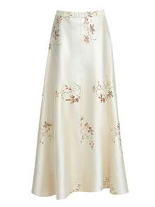 SHEIN Unity 大码女式缎面印花A字高腰中长优雅浪漫半身裙 - 杏色 - 查看 2