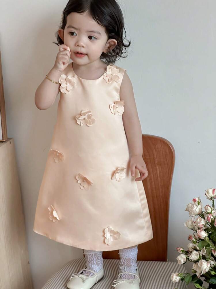 Baby Girls' Round Neck Summer 3D Floral Sleeveless Mid-Length Party Formal Dress Toddler Girls Clothes