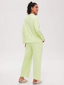 LUVLETTE Soft 100% Pure Cotton Lace Trim Button-Up Top & Pants Loungewear Pajama Set Pants With Pockets Fall Pajamas Clothes,Spring And Summer - Green - View 3