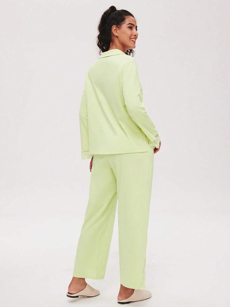 Soft Cotton Lace Trim Button-Up Top & Pants Loungewear Pajama Set