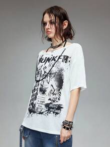 ROMWE Grunge Punk 朋克骷髅轮廓印花透视斜肩宽松竹纤维女式T恤 - 白色 - 查看 8