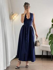 Firerie Váy cổ viền vỏ sò xanh mùa hè mới/Váy ô/Váy chống nắng/Trang phục mùa hè cho phụ nữ/Quần áo phụ nữ Boho/Trang phục kỳ nghỉ bãi biển/Trang phục lễ hội/Trang phục kỳ nghỉ ven biển/Quần áo lễ hội - Xanh đậm - Xem 3