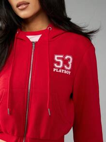 Missguided x Playboy 圣诞节短款运动拉链连帽衫，带数字标志，适合跑步、田径、休闲运动，秋冬春三季皆宜，兼具运动休闲和街头服饰风格。 - 紅色 - 查看 6