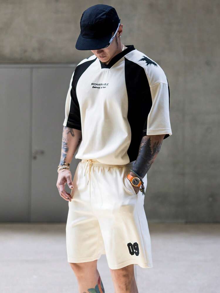 Summer Men's Patchwork Colorblock Letter & Abstract Embroidery Casual T-Shirt Set