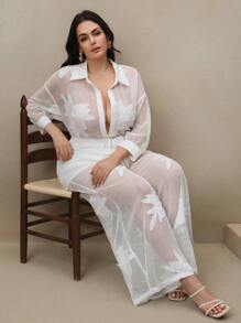 Anewsta 2 piezas Conjunto de playa o calle elegante y casual con flores grandes 3D bordadas huecas en color marrón, adecuado para primavera y verano