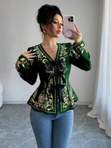 Chiquease 女士花卉印花前系带优雅长袖衬衫，度假/度假装 - 墨綠色 - 查看 6