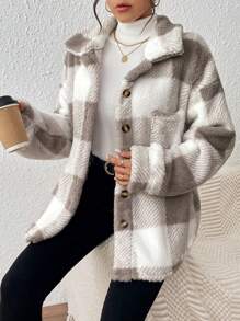 INAWLY Women's Plaid Fuzzy Single-Breasted Casual Loose Regular Jacket