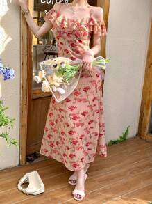 DAZY Đầm voan dài trễ vai họa tiết hoa nhỏ thanh lịch cho nữ - Hồng - Xem 6