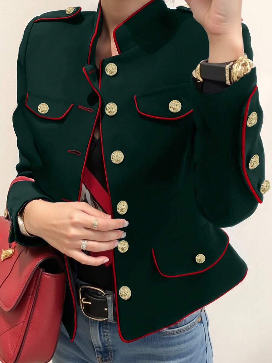 INAWLY 大码女式撞色长袖夹克,春秋 - 綠色 - 查看 1
