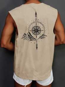 SHEIN Teen Boys' American Letter Print Khaki Casual Tank Top, Comfortable Chic Minimalist Versatile Soft Suitable For Daily, School, Travel, Sports, Beach Holiday