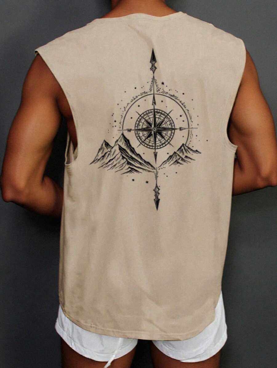 SHEIN Teen Boys' American Letter Print Khaki Casual Tank Top, Comfortable Chic Minimalist Versatile Soft Suitable For Daily, School, Travel, Sports, Beach Holiday