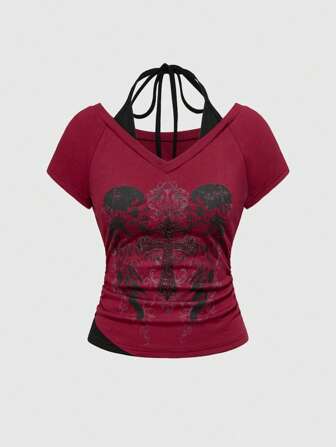Grunge Punk Camiseta de mujer sin mangas de cuello halter con calavera y color contrastante, informal 2 en 1
