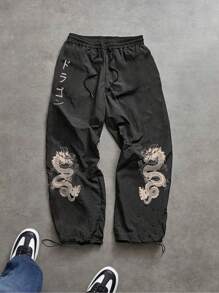 Manfinity Sport Corelite Men's Kanji Dragon Print Drawstring Waist Casual Sweatpants Workout Clothes Running Pants