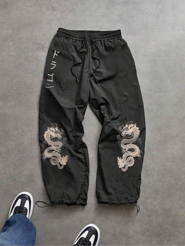 Manfinity Sport Corelite Men's Kanji Dragon Print Drawstring Waist Casual Sweatpants Workout Clothes Running Pants