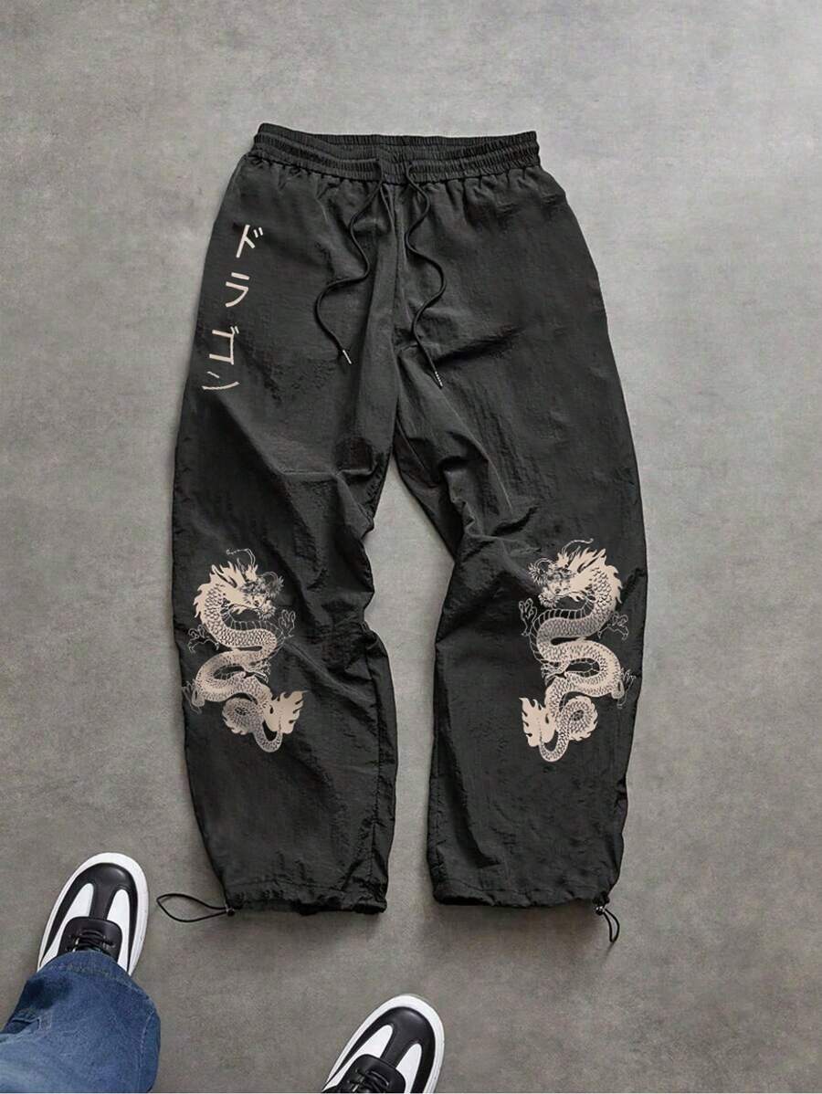 Manfinity Sport Corelite Men's Kanji Dragon Print Drawstring Waist Casual Sweatpants Workout Clothes Running Pants
