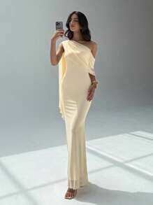 Aloruh Women's Birthday Party Dress Cocktail Dance Concert Music Festival Dinner Greek Goddess Dress Holiday Apricot Dress Mesh Knit Bodycon Dress Solid Color Asymmetrical Collar Splice Chiffon Dress, Elegant Style