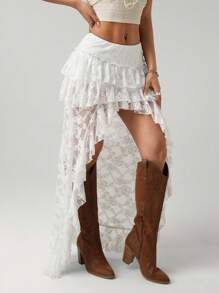 SHEIN ICON 嬉皮牛仔90年代超低腰蕾丝分层迷你前长后长裙