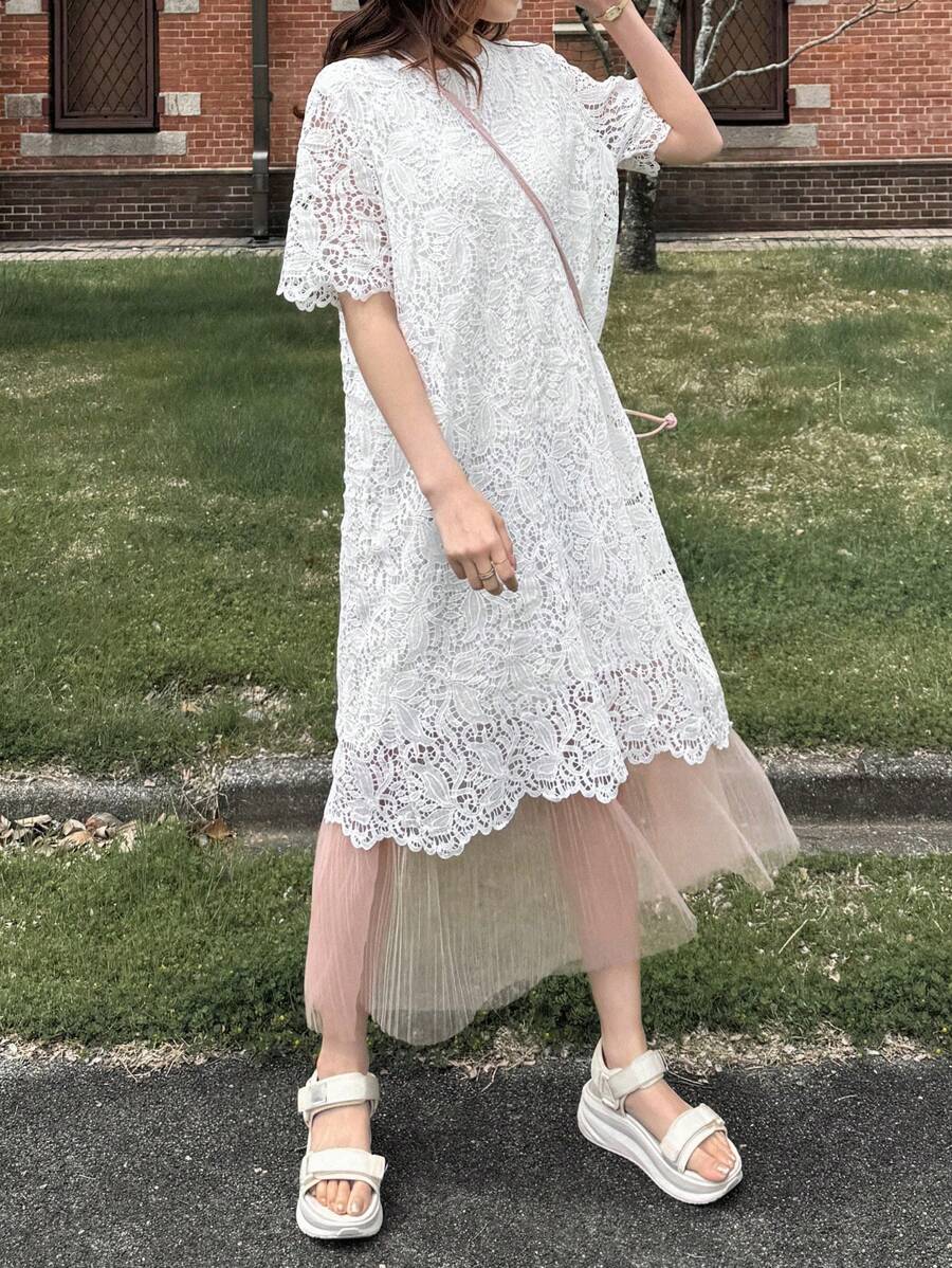 FRIFUL Women's Round Neck Lace Mesh Colorblock Midi Dress - White - View 1