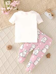 SHEIN Baby Girl Casual Minimalist Slim Fit Round Neck Comfortable Short Sleeve Pants Home Outfit, Snug Fit, Spring/Summer - Multicolor - View 2