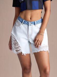 SHEIN EZwear Pantalones cortos de mezclilla rasgados con cintura de contraste de color para mujer, informal de verano