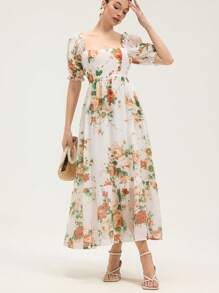 Aveloria Rosie 优雅复古雪纺花卉印花清凉夏季方领泡泡袖松紧腰 A 字裙女装 - 彩色 - 查看 4