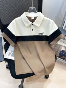 Camisa tipo polo de manga corta con cuello, estampado de letras y bloques de color para niño preadolescente, para uso casual diario y golf