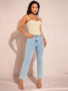 Silquee Ladies' Slim Fit Lace Contrast Mesh Camisole Top,Fall/Autumn - Apricot - View 3