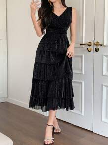 DAZY Vestido elegante de midi con cuello en V sin mangas y brillo para mujeres, para el verano