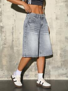 SHEIN ICON Quần short denim ống rộng giặt thường ngày cho nữ - Xám - Xem 6