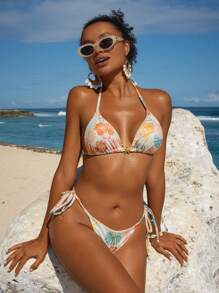 SHEIN Swim 2pcs Halter Tie Knot Ribbed Shell & Ditsy Floral Boho Music Festival Summer Beach Women Swimwear Set - Multicolor - View 5