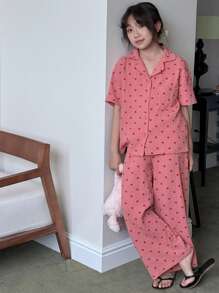 Dazy Kids Tween Girls' Heart Print Short Sleeve & Pants Pajama Set,Girls Summer Outfits,Back To School Clothes - Pink - View 5