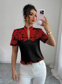 Elenzga Women's Short Sleeve Floral Print Notched V-Neck Fashion Blouse - Multicolor - View 4