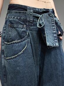 ROMWE Y2K Vintage Streetwear Ultra Low Waist Super Loose Fit Jeans - Navy Blue - View 3