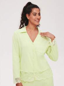 LUVLETTE Soft 100% Pure Cotton Lace Trim Button-Up Top & Pants Loungewear Pajama Set Pants With Pockets Fall Pajamas Clothes,Spring And Summer - Green - View 10