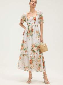 Aveloria Rosie 优雅复古雪纺花卉印花清凉夏季方领泡泡袖松紧腰 A 字裙女装 - 彩色 - 查看 3