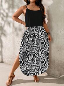 SHEIN LUNE Plus Size Women Casual Zebra Stripe Print Spaghetti Strap Dress, Suitable For Summer Women Summer Clothing Mother's Day Gift Chic Dress - Multicolor - View 6