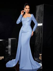 Glamrae Váy dài tay thanh lịch, sang trọng, xuyên thấu, đính ngọc trai, vải satin, eo nhún, xẻ tà cao đến đùi, viền xếp nếp bên hông, thích hợp cho đám cưới, tiệc tùng, câu lạc bộ, kỳ nghỉ, những dịp trang trọng (được tô điểm nhiều), cho buổi tối, khách dự tiệc cưới - Màu xanh nhạt - Xem 5