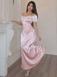 DAZY 女式露肩拼色光滑缎面长裙，正式女装 - 粉色 - 查看 2